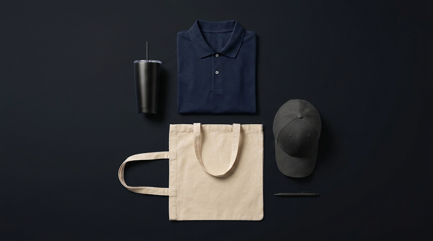 Flat-lay studio composition of custom-branded products: a canvas tote bag, a baseball cap, a stainless steel tumbler, a folded polo shirt and a metal pen, arranged on a navy surface