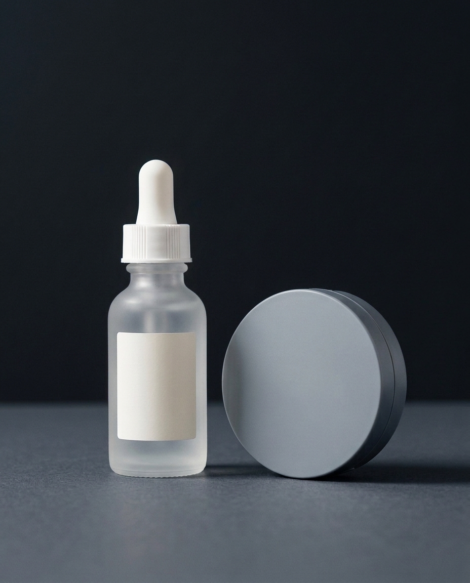 Minimalist glass dropper bottle and compact case, capability example for beauty and luxury packaging