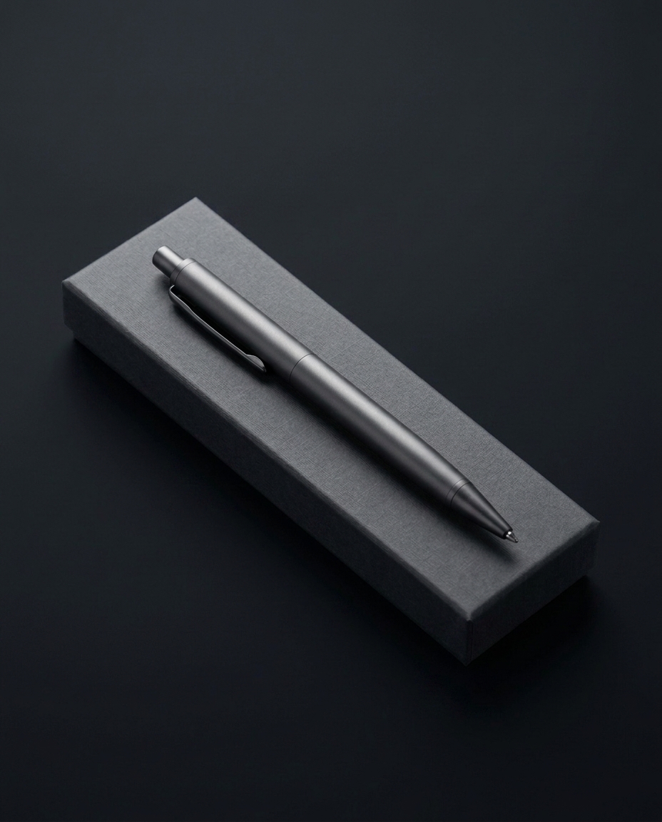 Matte metal pen on a slim gift box, capability example for corporate gifts